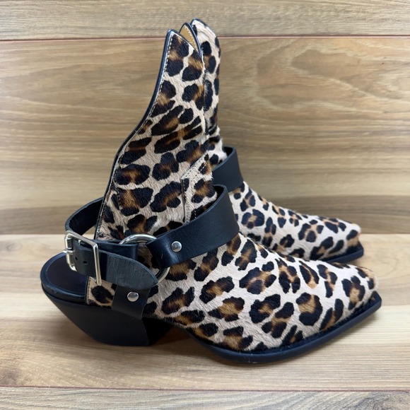 R13 Half Cowboy Boots Leopard Womens 6 EU 36 Harness Buckle Snip Toe Calf Hair - Picture 2 of 10